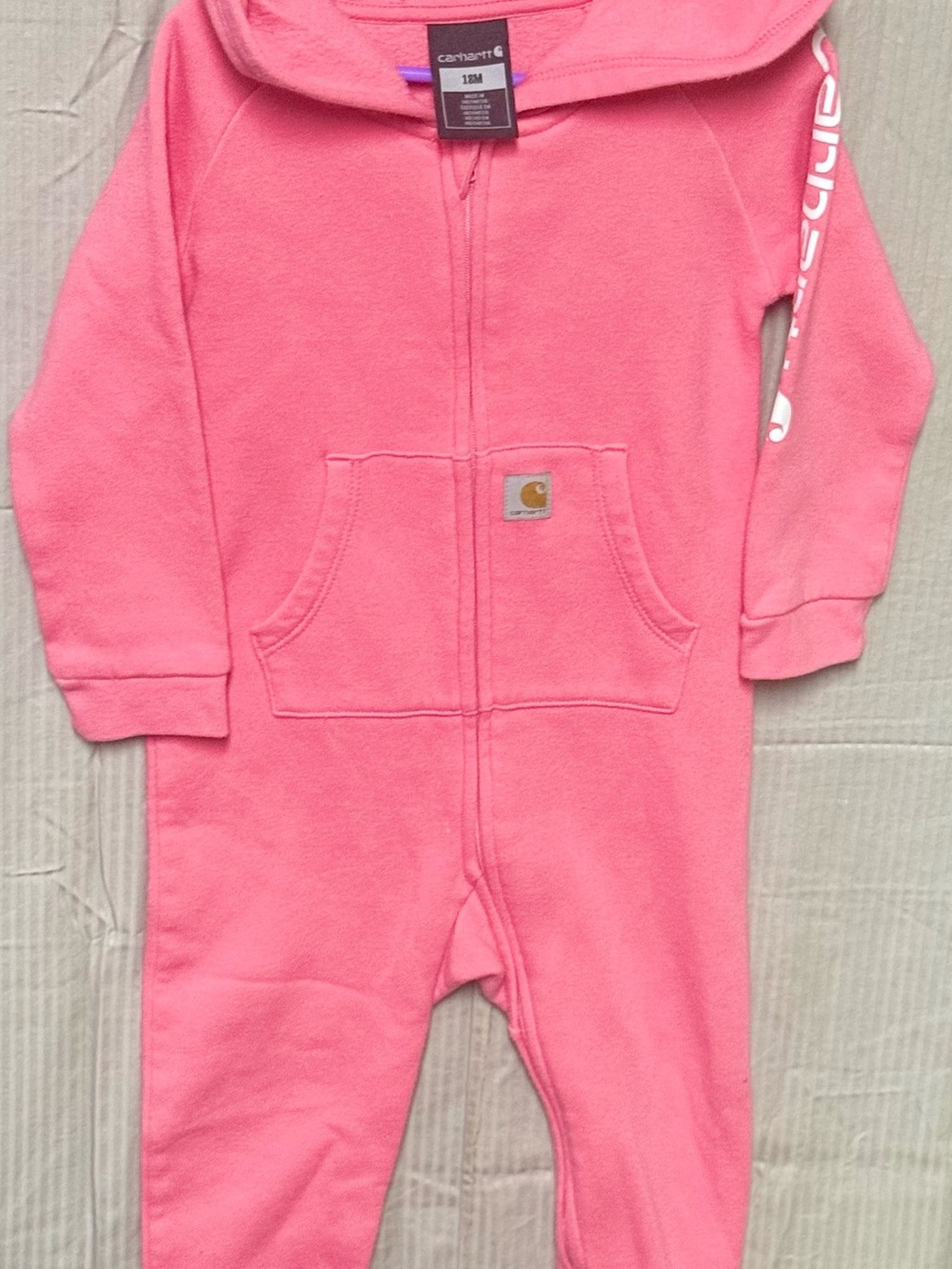 Carhartt Infant Girls Pink Fleece Hooded Zip-Front Coverall Jumpsuit 18M